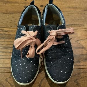Toms Navy Polka Dot Tennis Shoes with Pink Laces, Size 7